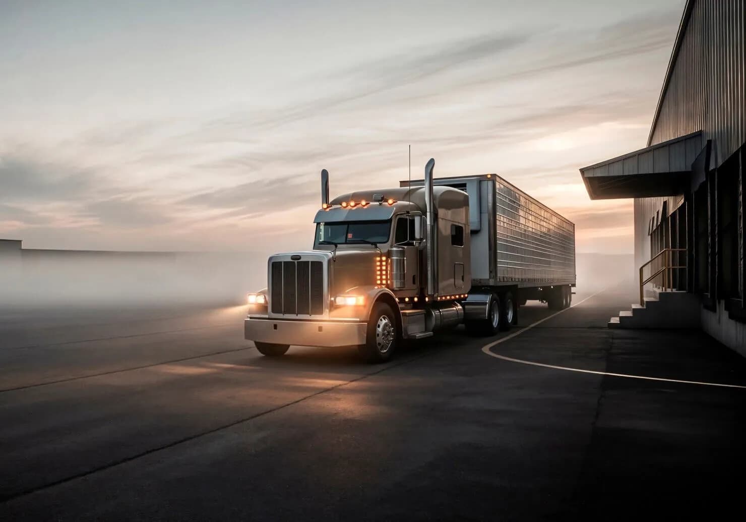 A chrome-grilled semi-truck with headlights and marker lights glowing pulls a trailer alongside a warehouse loading dock at dawn, with mist and a soft sunrise sky in the background.