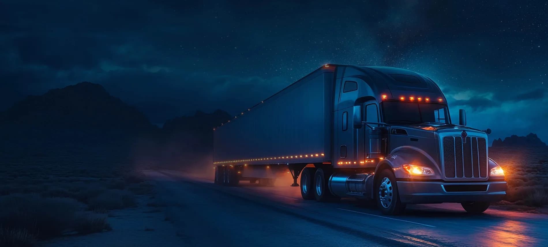 A semi-truck with glowing headlights and amber marker lights drives down a desert highway at night, with mountains silhouetted against a starry blue sky in the background.