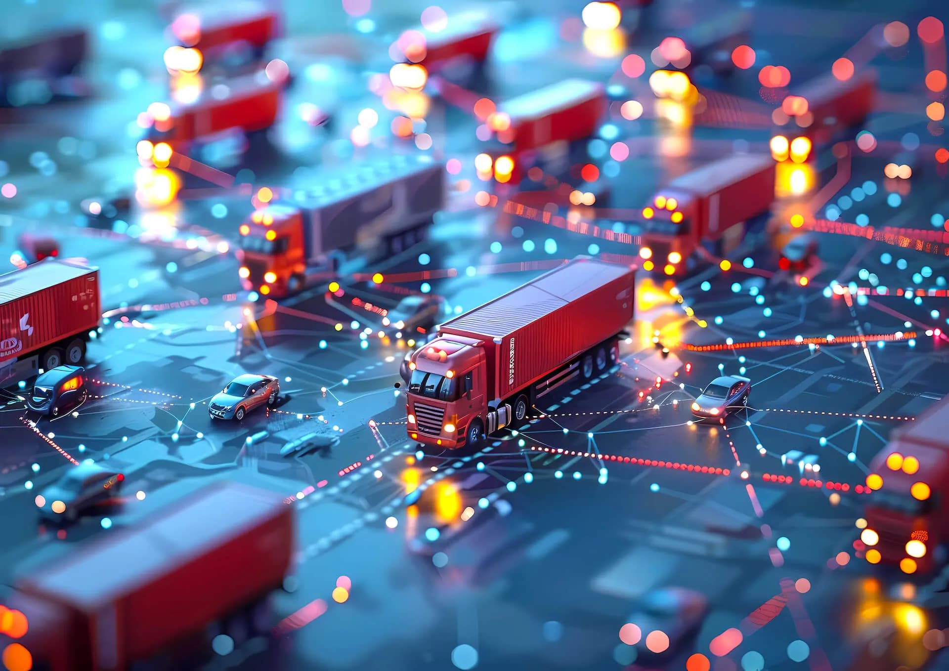 Red semi-trucks and cars travel across a glowing, circuit-board-like network grid, connected by illuminated blue and red data lines and bokeh light points, symbolizing logistics, supply chain, and connected transportation technology.